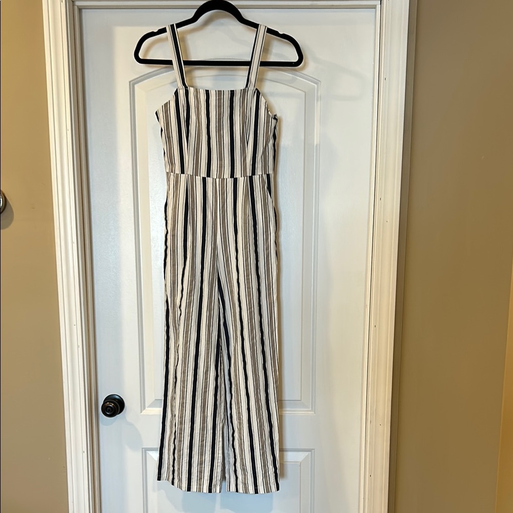 Striped Navy and Tan Jumpsuit